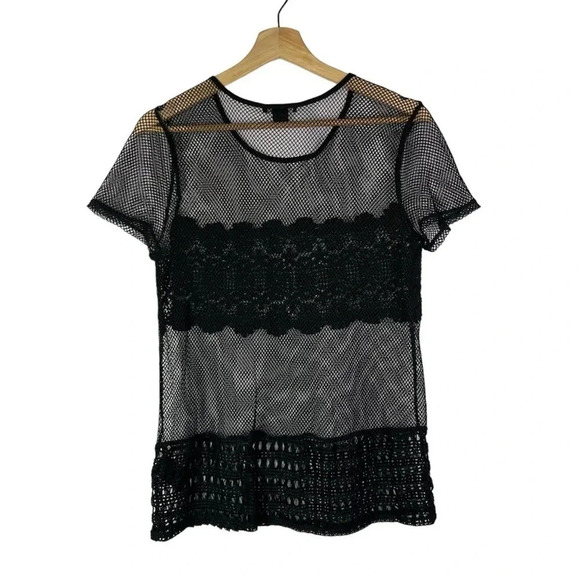 H&M Black Mesh & Lace Sheer Short Sleeve Top M - Picture 1 of 4